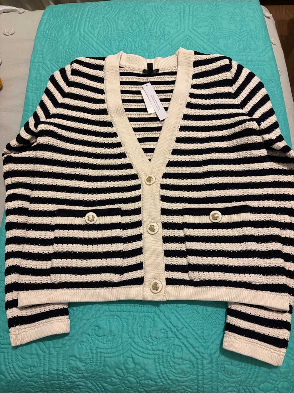 Talbots Black and Cream Striped V-Neck Cardigan